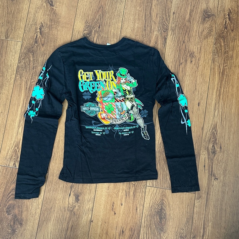 Harley Davidson Black Long Sleeve Tee with Bright Green St Patrick’s